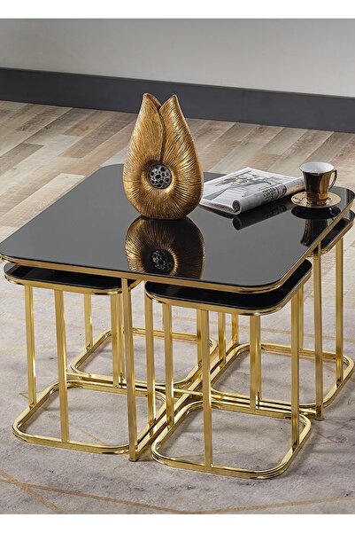 AlberoLife 5li Oval Kenar (KURULUM GEREKTİRMEZ) 4+1 SİYAH Temperli KIRILMAZ Cam GOLD Ayak Sehpa