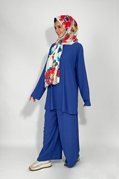 Betimoda Women's Tunic Pants Bottom Top Double Comfortable Fit Hijab Suit Saks Blue
