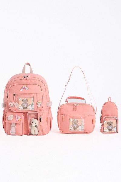 Roxbros Set of 3 Girls' Primary School Bag with Korean Style Accessories Backpack with Pen Holder and Lunch Bag