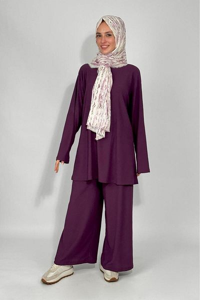 Betimoda Women's Tunic Pants Bottom Top Double Comfortable Fit Hijab Suit Plum