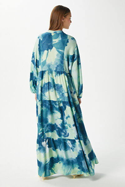 Ritnice Γυναικείο μακρύ καλοκαιρινό φόρεμα με μπαλόνι μανίκια Modest Gloria Turquoise 100% Viscose Maxi Size