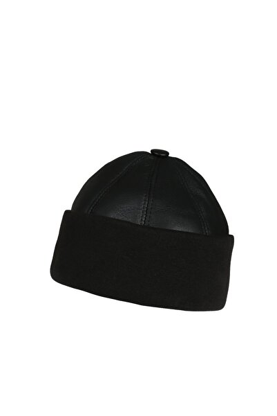 Butik Siyah %100 hakiki deri kışlık kep şapka (56 bedendir)