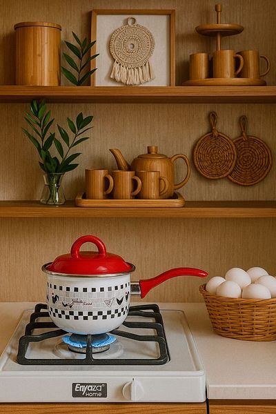 ENYAZA(2024) Enamel Mini Milk Jug – Patterned Red Lid, Enamel Handle