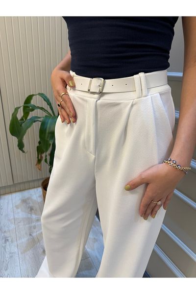 geenz manifacture White Women's Belted Lycra Crepe Palazzo Trousers