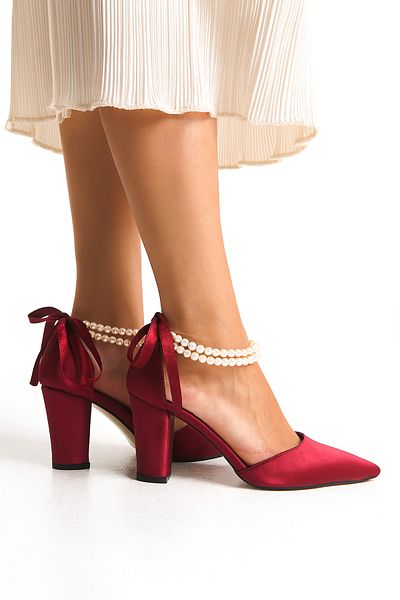 FOLLOWIN Women's Bride Burgundy Satin Pearl Thick Heeled Wedding Wedding Bridal Shoes