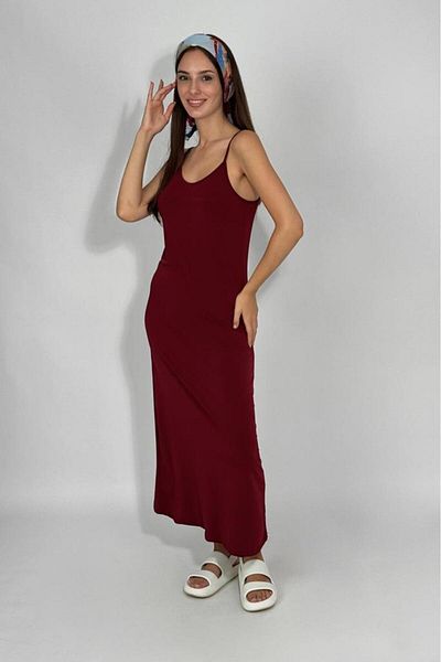 Betimoda Women's Sandy Fabric Rope Strap Solid Color Fitted/Fitted Tight Stretchy Comfortable Wrap Long Dress Burgundy