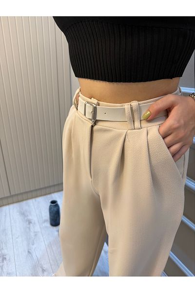 geenz manifacture Women's Belted Stone Lycra Crepe Palazzo Trousers