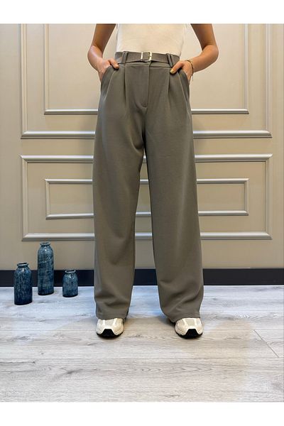 geenz manifacture Gray Women's Belted Lycra Crepe Palazzo Trousers