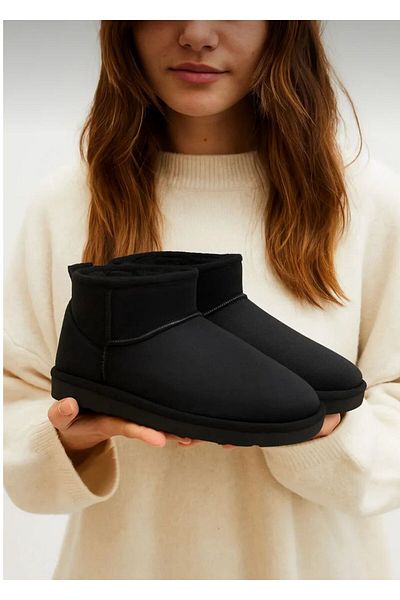 redtan Women's Black Mini Suede Fur Inside Ankle Boots Flat Sole Women's Shoes