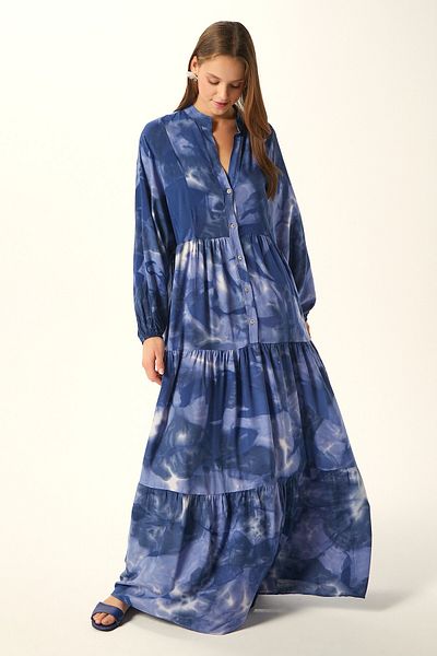 Ritnice Modest Gloria Midnight Blue Purple 100% Viscose Maxi Length Layered Balloon Sleeve Long Summer Dress