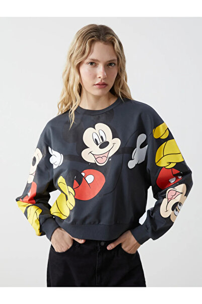 LC Waikiki XSIDE Antrasit Bisiklet Yaka Mickey Mouse Baskılı Kadın Sweatshirt