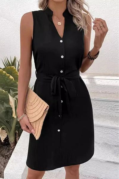 Masspera Judge Collar Zero Sleeve Buttoned Waist Belted Imported Linen Dress