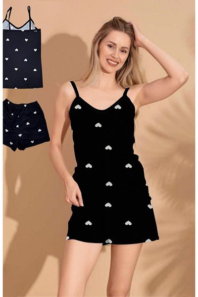 TOSKI Women's Pajama Set, Tank Top and Shorts, Heart Print, Black