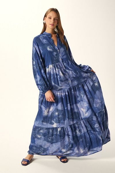 Ritnice Modest Gloria Midnight Blue Purple 100% Viscose Maxi Length Layered Balloon Sleeve Long Summer Dress