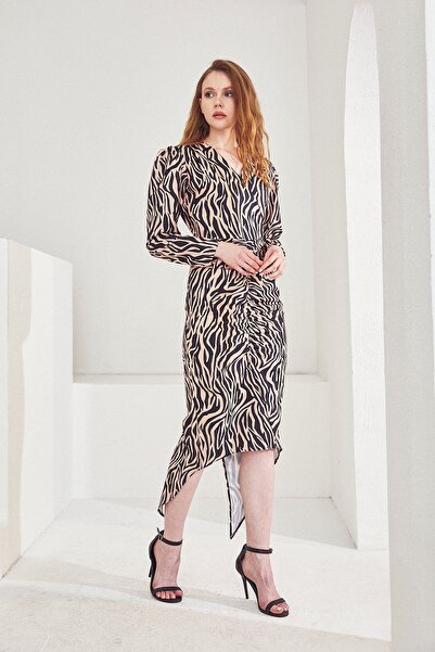 Genel Markalar Zebra Desen Elbise-Bej