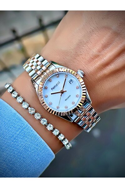 Ferrucci ساعة يد نسائية بسوار فولاذي مقاومة للماء حتى 3 ضغط جوي مع سوار تقويم...