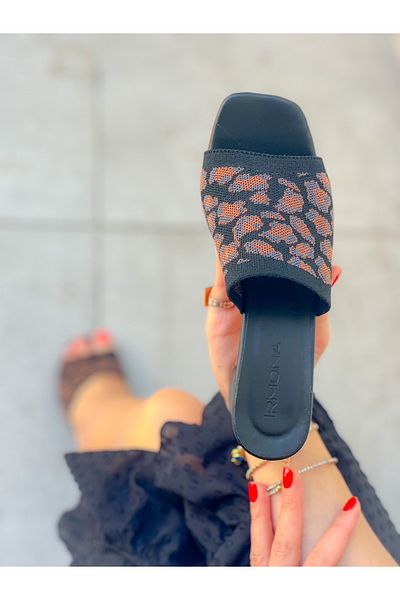 BERFONA Angel Black Leopard Knitwear 5 cm Heel Slippers