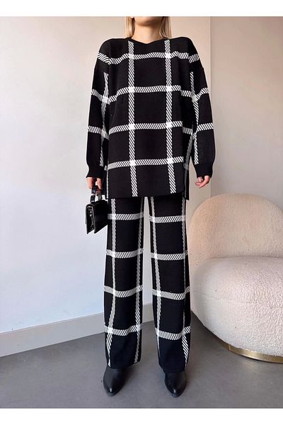 Silahlı Tower Plaid Knitwear Suit Black and White