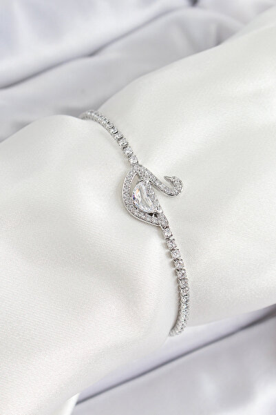 Skygo Pirinç Gümüş Renk Zirkon Taşlı Kuğu Model Kadın Bileklik - TJ-BB7073