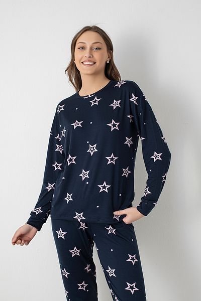 DOFİ Women's Navy Blue Star Patterned Pajama Set – Ribbed Leg, Crew Neck