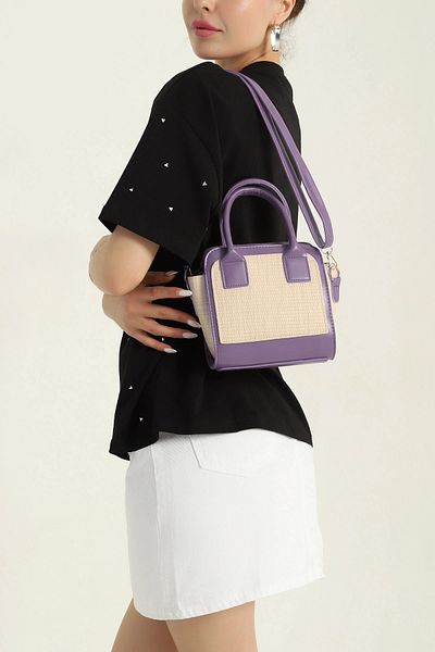 MILANOFOX Geantă de umăr și mână pentru femei liliac cu aspect de paie și detaliu din piele – geantă mini de vară și elegantă
