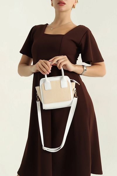 MILANOFOX White Women's Shoulder and Hand Bag with Straw Look Leather Detail – Summer & Stylish Mini Bag