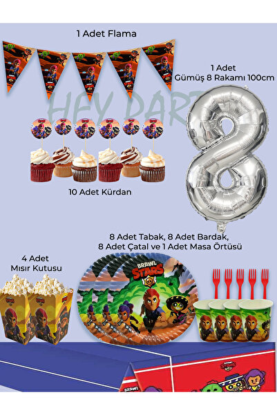 PartyPoo Brawl Stars Temalı 8 Kişilik Doğum Günü Parti Seti | 8 Yaş Doğum Gün...