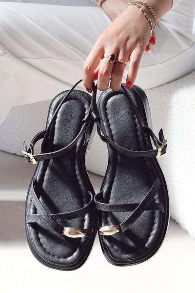 POLKA STORE Soft Gold Metal Ring Detailed Ribbed Sandals