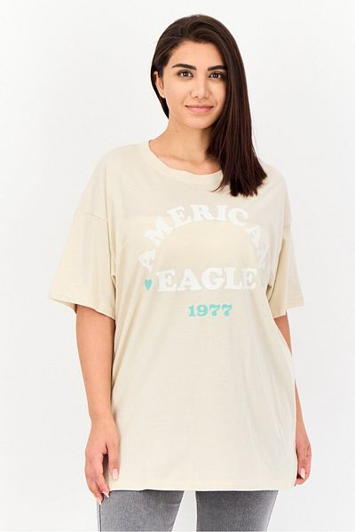 AMERICAN EAGLE Women Crew Neck Short Sleeves Brand Logo T-Shirts, Beige