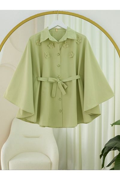 Modamorfo Front Floral Detailed Lace-Up Waist Buttoned Poncho -Çağla Y.