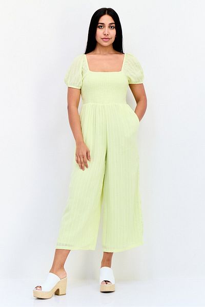 AMERICAN EAGLE Women Stripe Puffed Sleeves Jumpsuit, Yellow