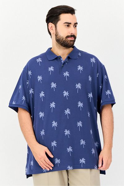 AMERICAN EAGLE Men Standard Fit Short Sleeve Allover Print Polo Shirt, Blue