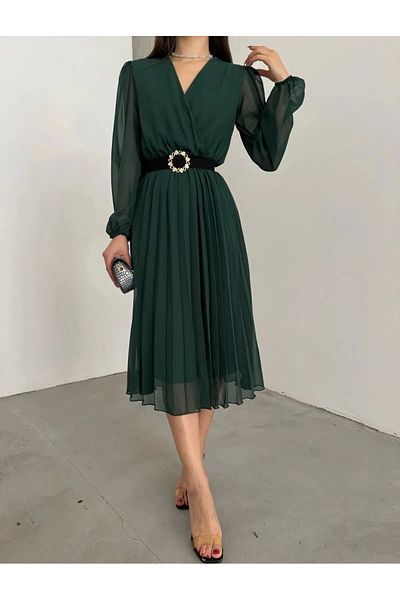 nedo7 Women's chiffon fabric lined flared cut double breasted collar midi length dress