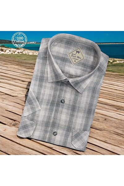 EREN STYLE Ленена ленена класическа риза с къс ръкав и два джоба, сива, за та...