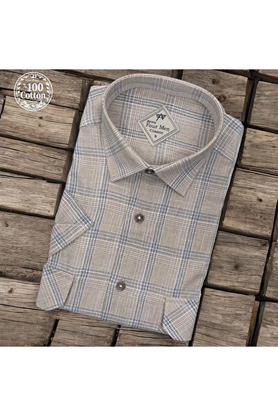 EREN STYLE Κλασικό λινό 100% βαμβακερό κοντομάνικο πουκάμισο βιζόν με δύο τσέ...