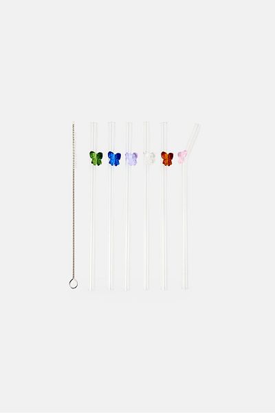 BEBEHOME 6 Pieces Glass Straws Set With Colorful Butterfly, Transparent