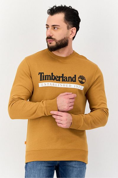 Timberland Men Crew Neck Brand Logo Long Sleeves Sweatshirt, Tan
