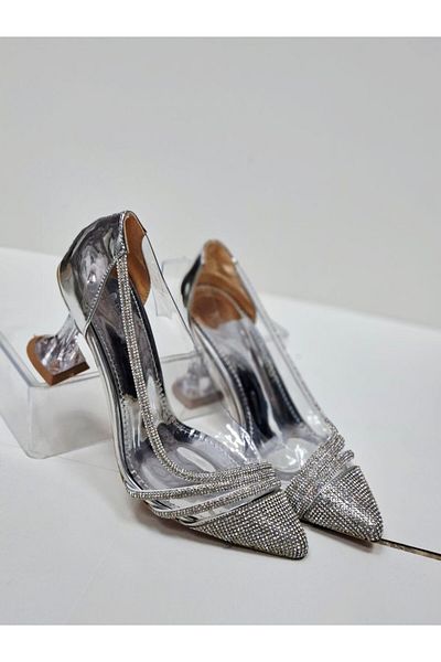 RONX Sparkling Stone Detailed Transparent Strap Heeled Evening Dress Shoes