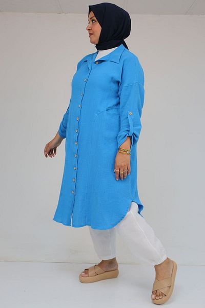 Eslina 58071-1 Large Size Muslin Shirt with Front Pockets - Blue