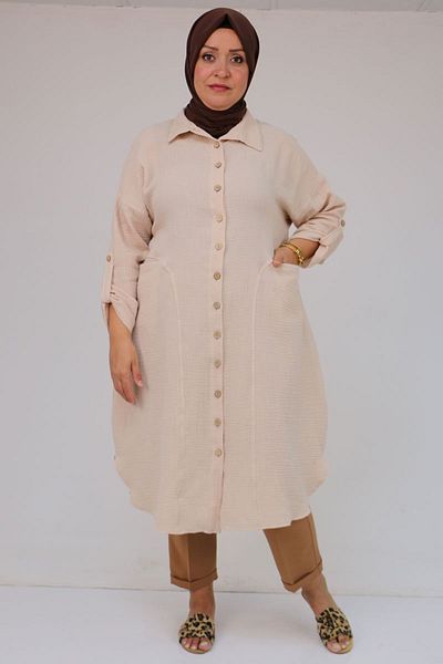 Eslina 58071-1 Large Size Muslin Shirt with Front Pockets - Beige