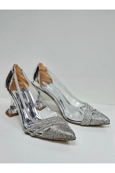 RONX Sparkling Stone Detailed Transparent Strap Heeled Evening Dress Shoes