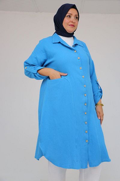 Eslina 58071-1 Large Size Muslin Shirt with Front Pockets - Blue