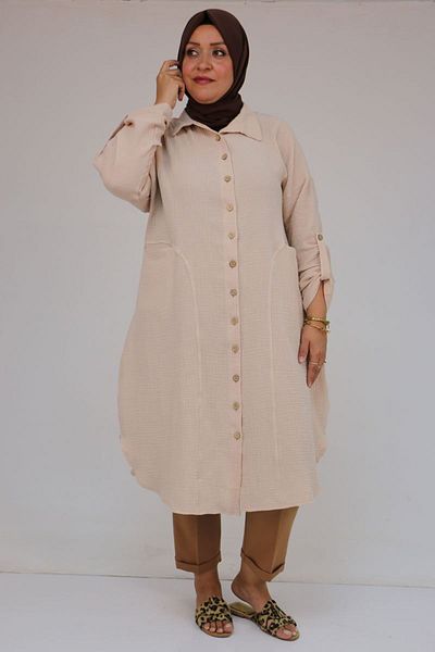 Eslina 58071-1 Large Size Muslin Shirt with Front Pockets - Beige