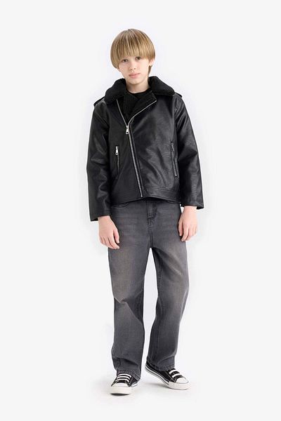 DeFacto Boy's Water Repellent Zippered Collar Plush Lining Coat C4324A825Au