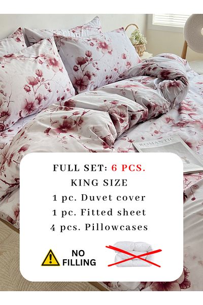 LUNA HOME King size 6pc duvet cover set featuring a Sakura Dusty Pink print on a white background 220X240cm.
