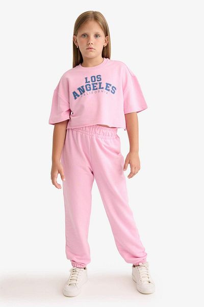DeFacto Girls' 2-Piece Set Printed Short-Sleeved T-Shirt and Elastic Waist Sweatpants E6414A825Au