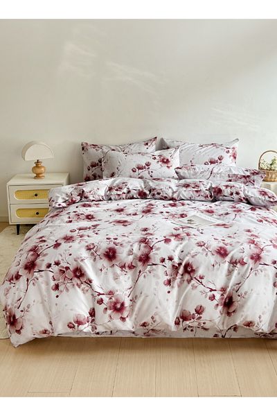 LUNA HOME Queen size 6pc duvet cover set featuring a Sakura Dusty Pink print on a white background 200X230cm.