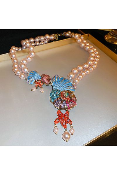 Choice necklace Inlaid Rhinestone Shell Stars Double Pearl Necklace for Women Light Luxury Style Exaggerate
