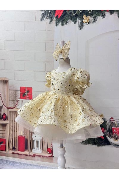 Nissa Gold Sparkly Square Neck Sequined Girls' Dress Evening Dress
