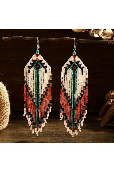 Choice Orange Bohemian style long tassels, handmade beaded earrings, seed beads, geometric shapes, earrings